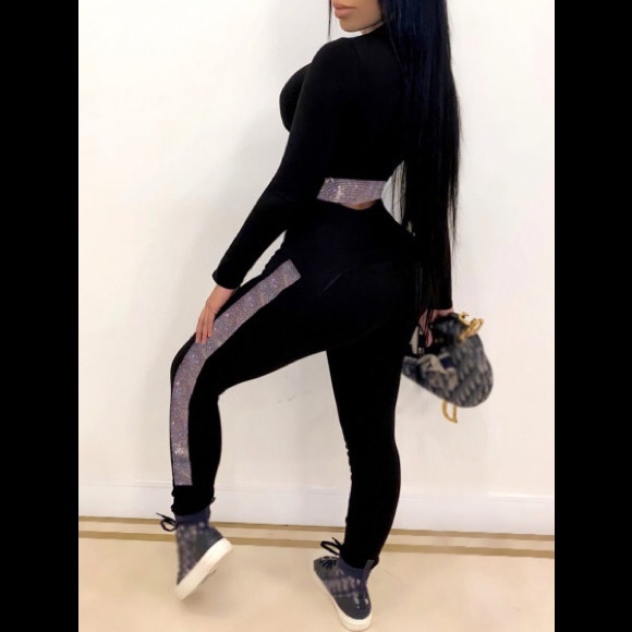 Sparkle Fabric Around Elbows & Down The Legs Long Sleeve Crop Top & Pants Outfit - Picture 2 of 4